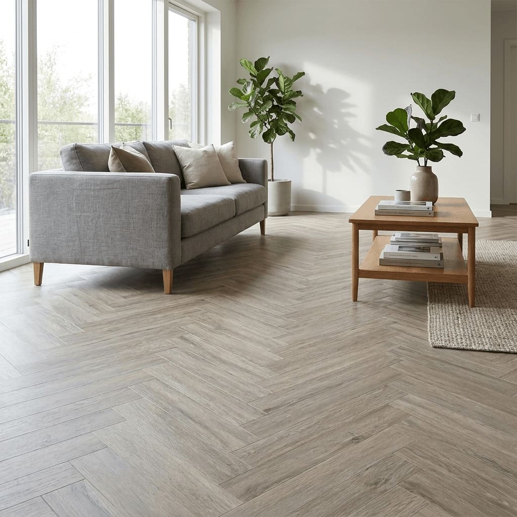 Middleham Oak Herringbone Click SPC flooring in a living room